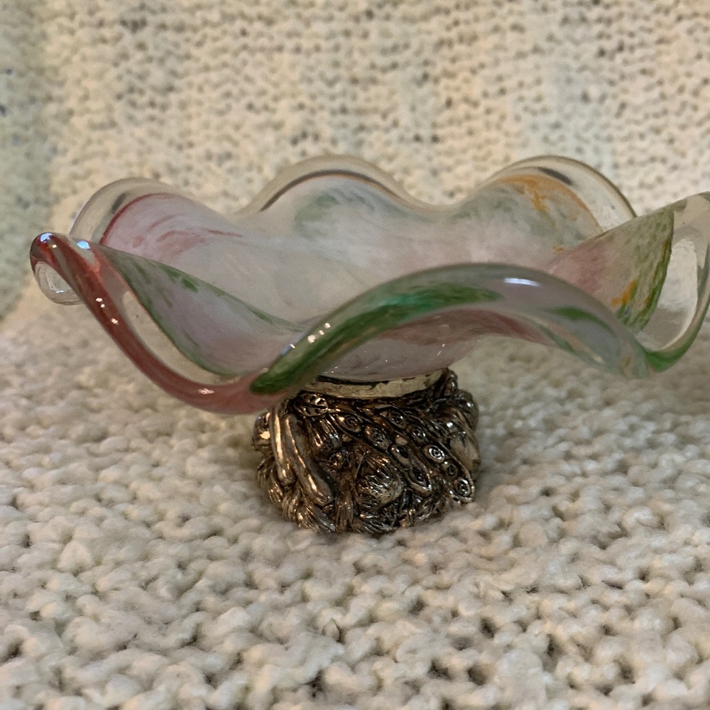Murano hand blown glass art dish on metal base.